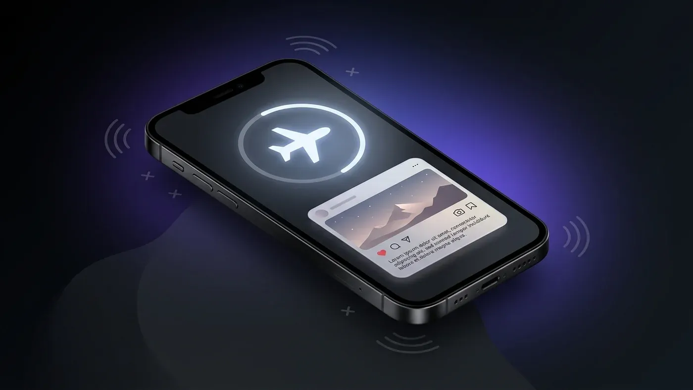 Smartphone in airplane mode with a story preview — offline viewing prevents the screenshot from being logged