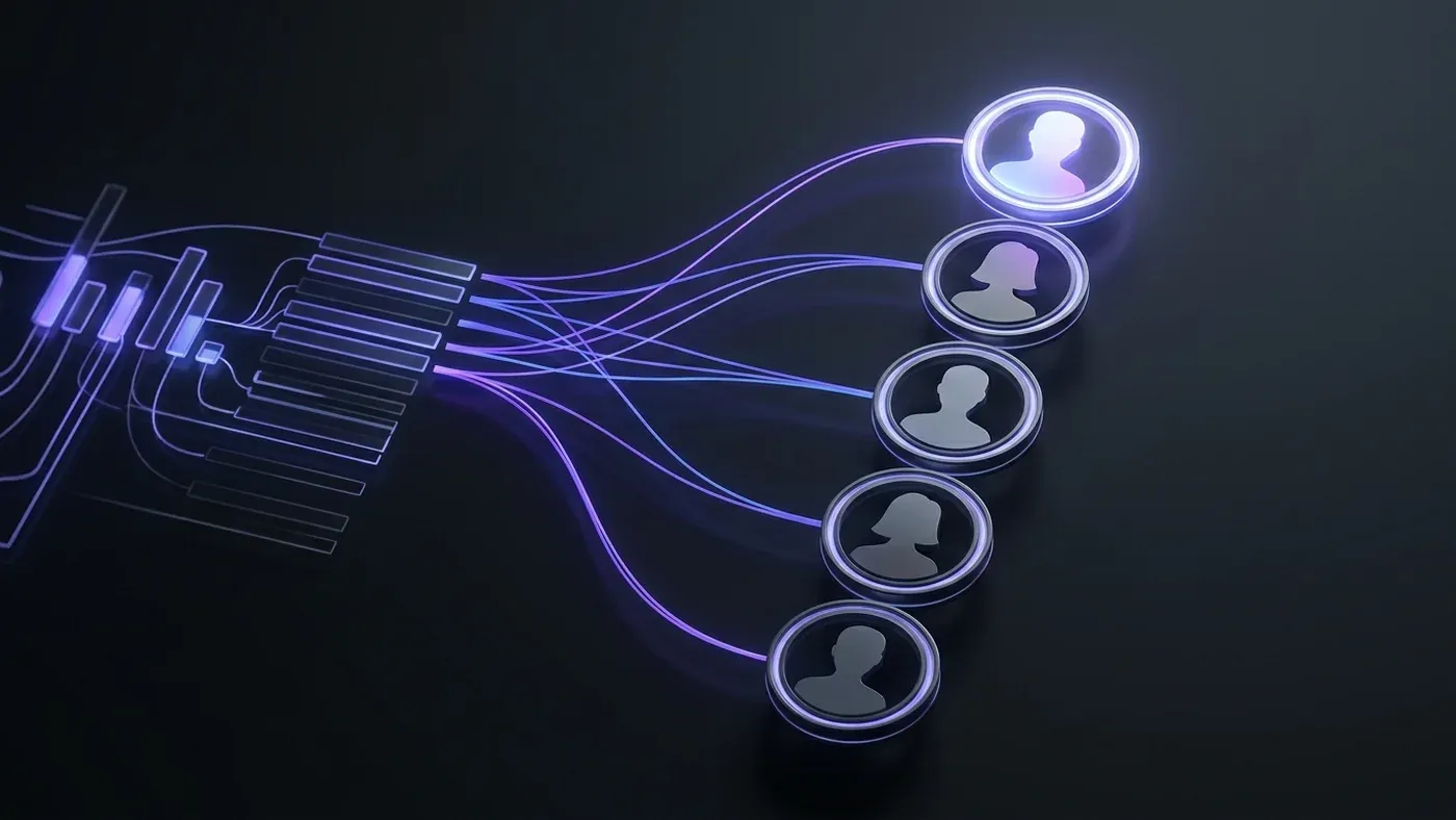 Stack of floating viewer avatars re-ordered by an algorithmic ranking bar — top one glows brightest