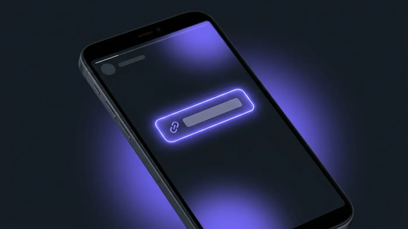 Glowing pill-shaped link sticker with a chain icon and a custom CTA label on an Instagram story