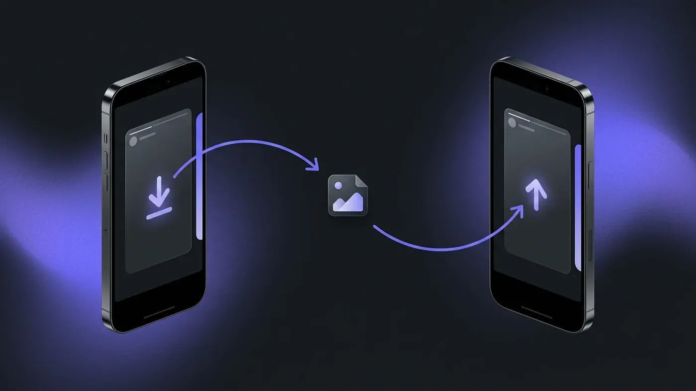 Flow from story download on one phone to re-upload on another — the download-then-repost method