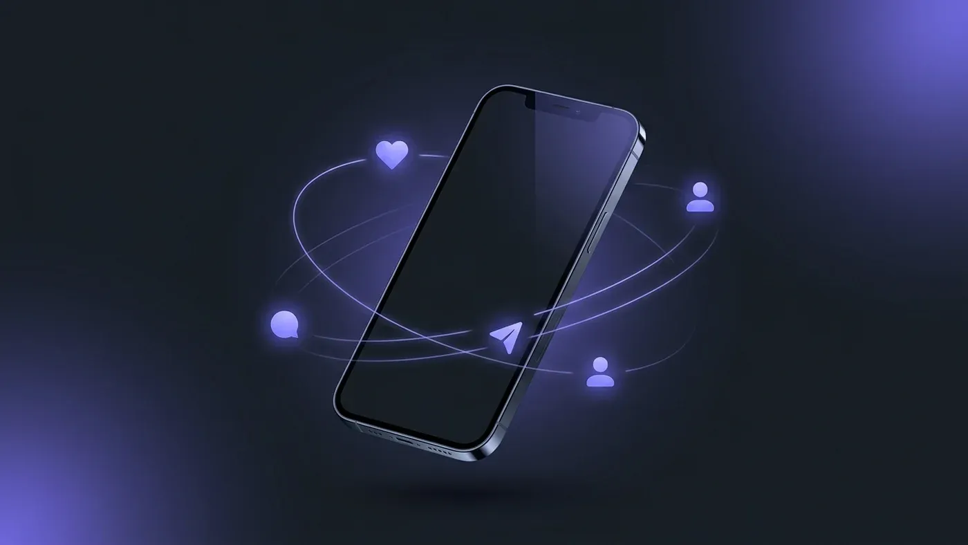 Phone surrounded by orbiting engagement icons — likes, comments, DMs, profile visits — feeding the viewer-order algorithm