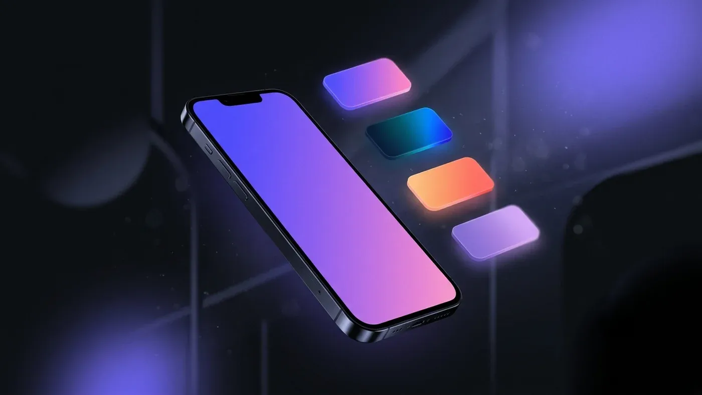Phone showing a story with a violet-to-pink gradient background alongside a floating gradient palette