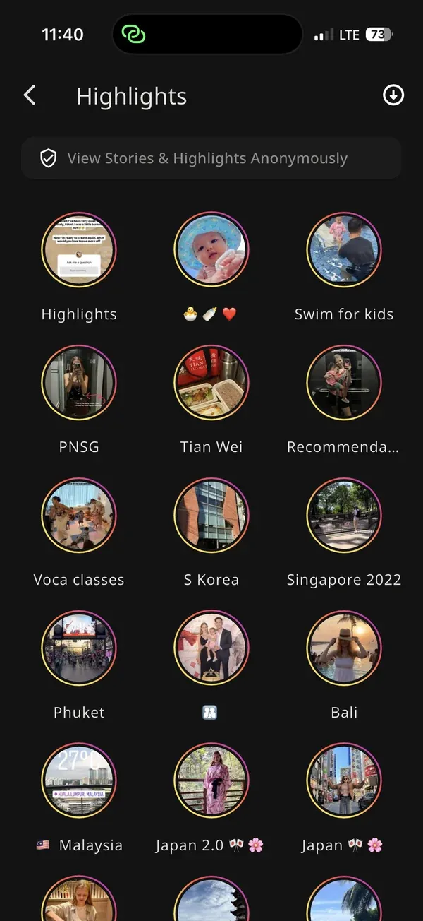 Grid of Instagram Highlights — Bali, Japan, Singapore — viewed anonymously inside the IncoStory app