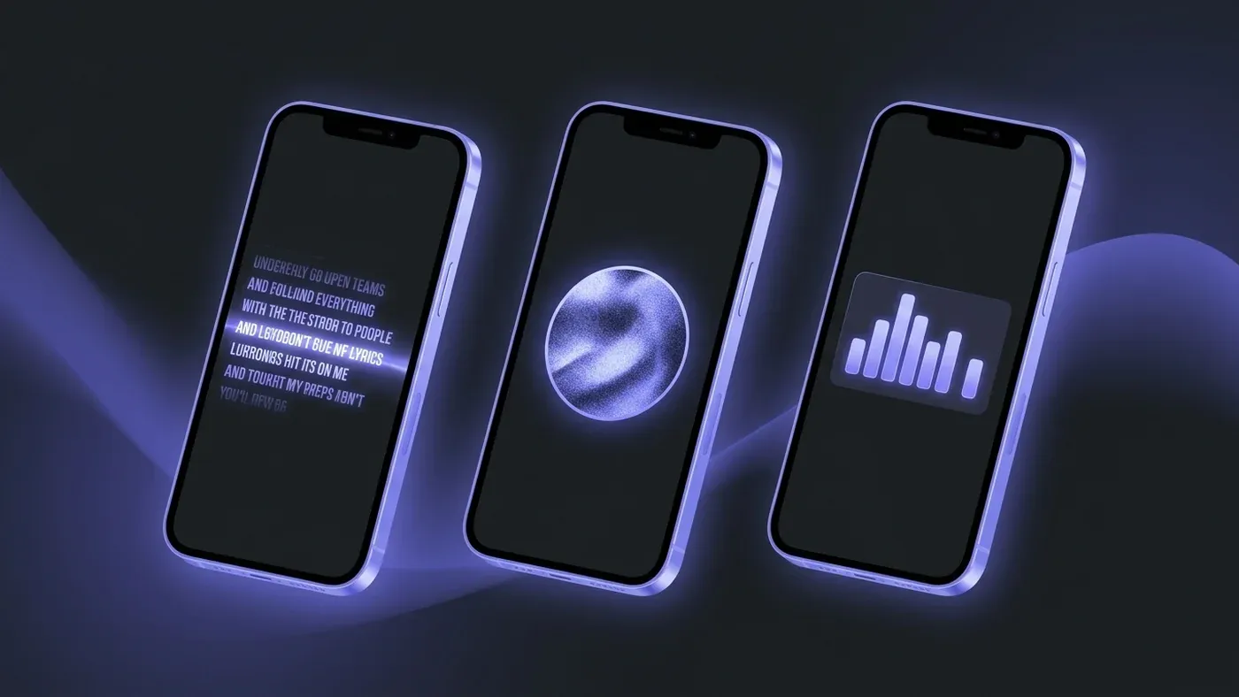 Three phones side-by-side showing music sticker styles — lyrics strip, album cover circle, minimal equalizer