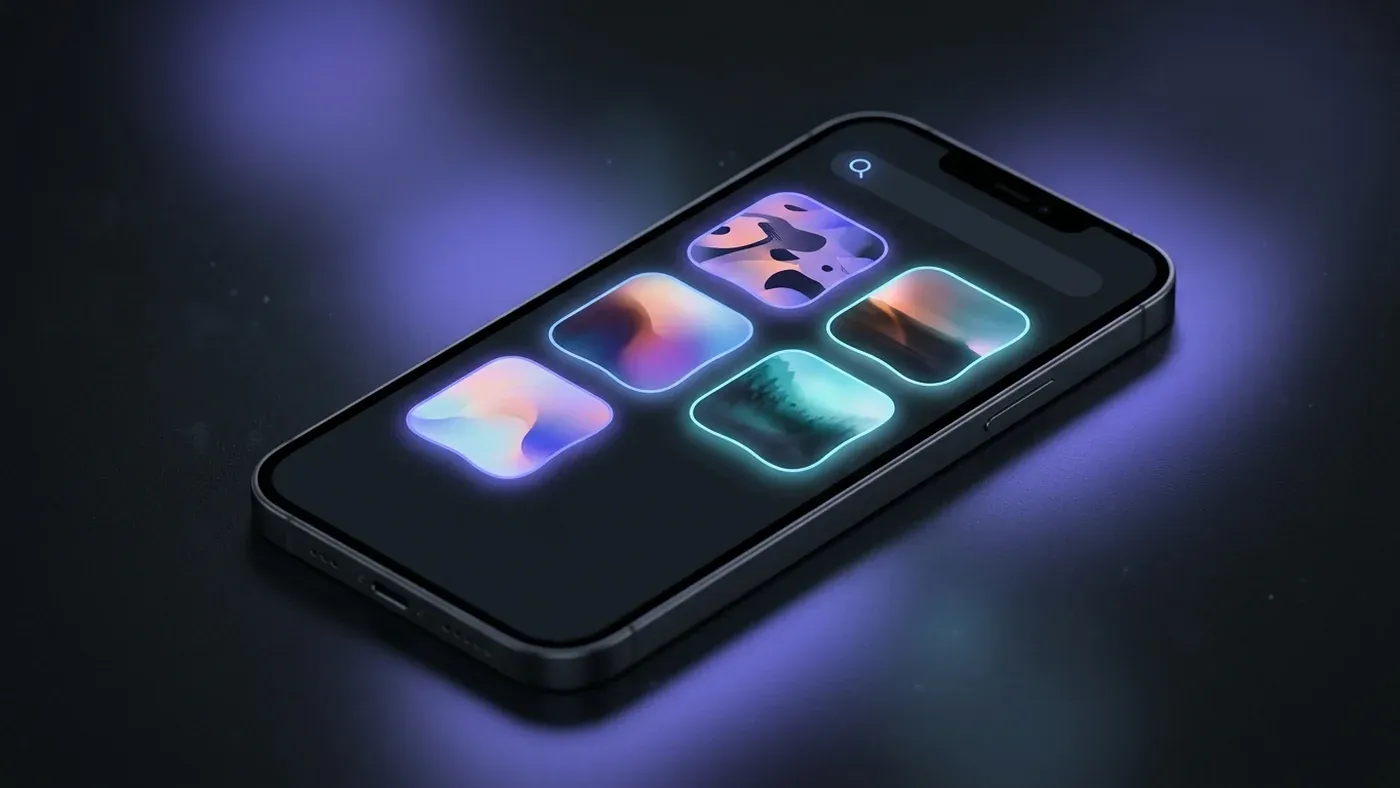 Instagram music library grid of album covers with a search magnifier on top