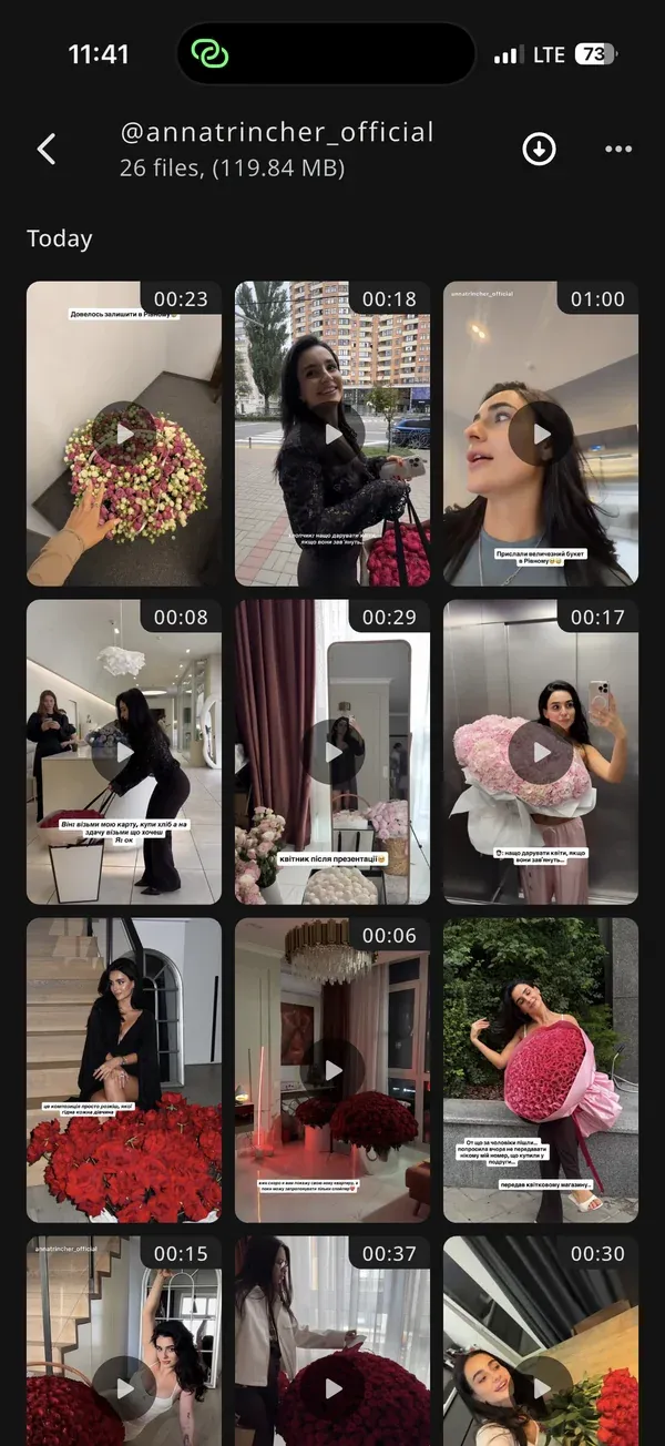 IncoStory Private Gallery — 26 downloaded Instagram stories of one user, organized in a grid, PIN-protected