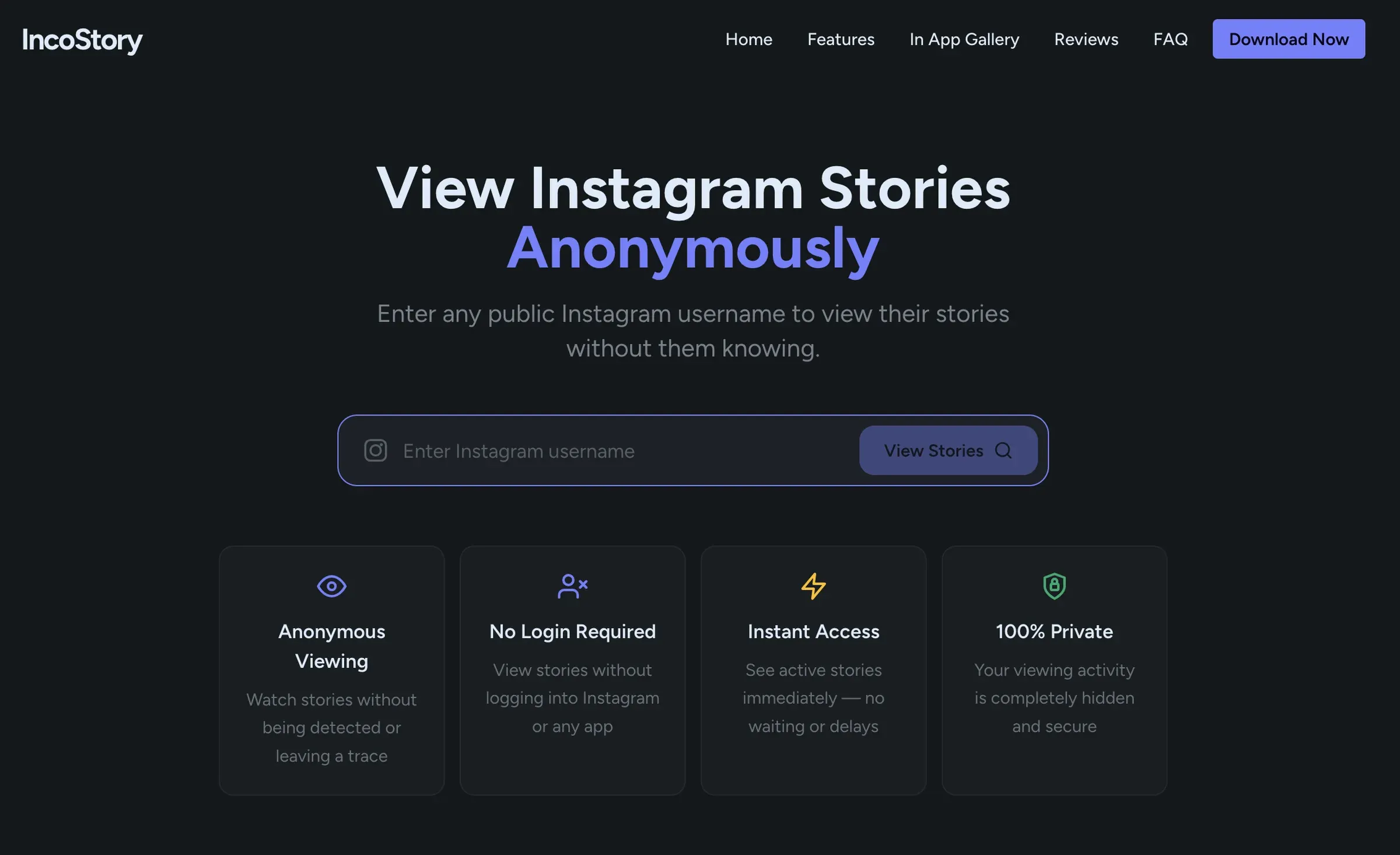 IncoStory Online Viewer landing page in a desktop browser — username search field with anonymous viewing tagline